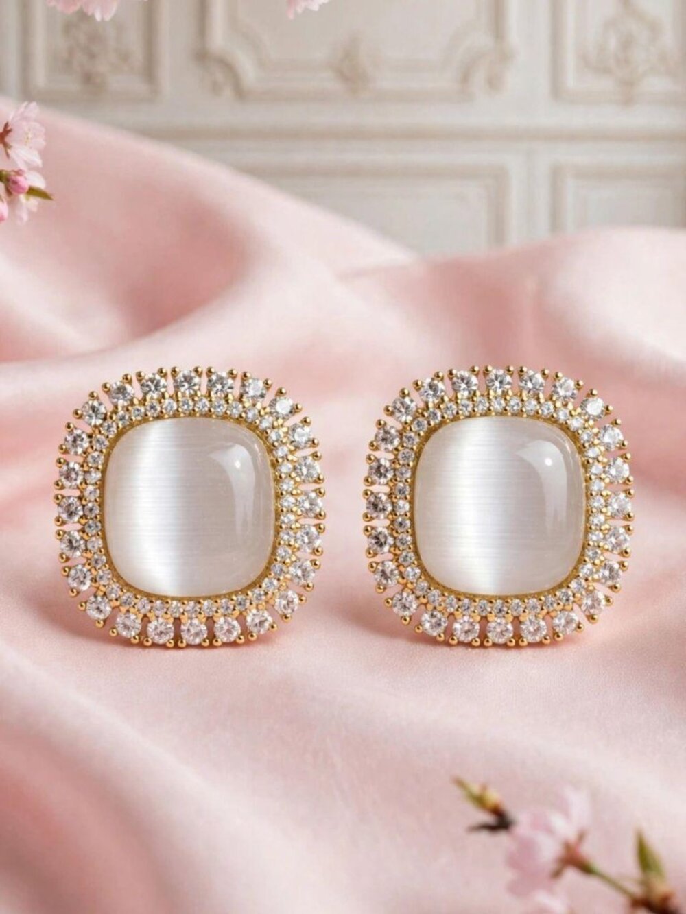 Gold Square Cat Eye Crystal Stud Earrings White Stone Halo Elegant